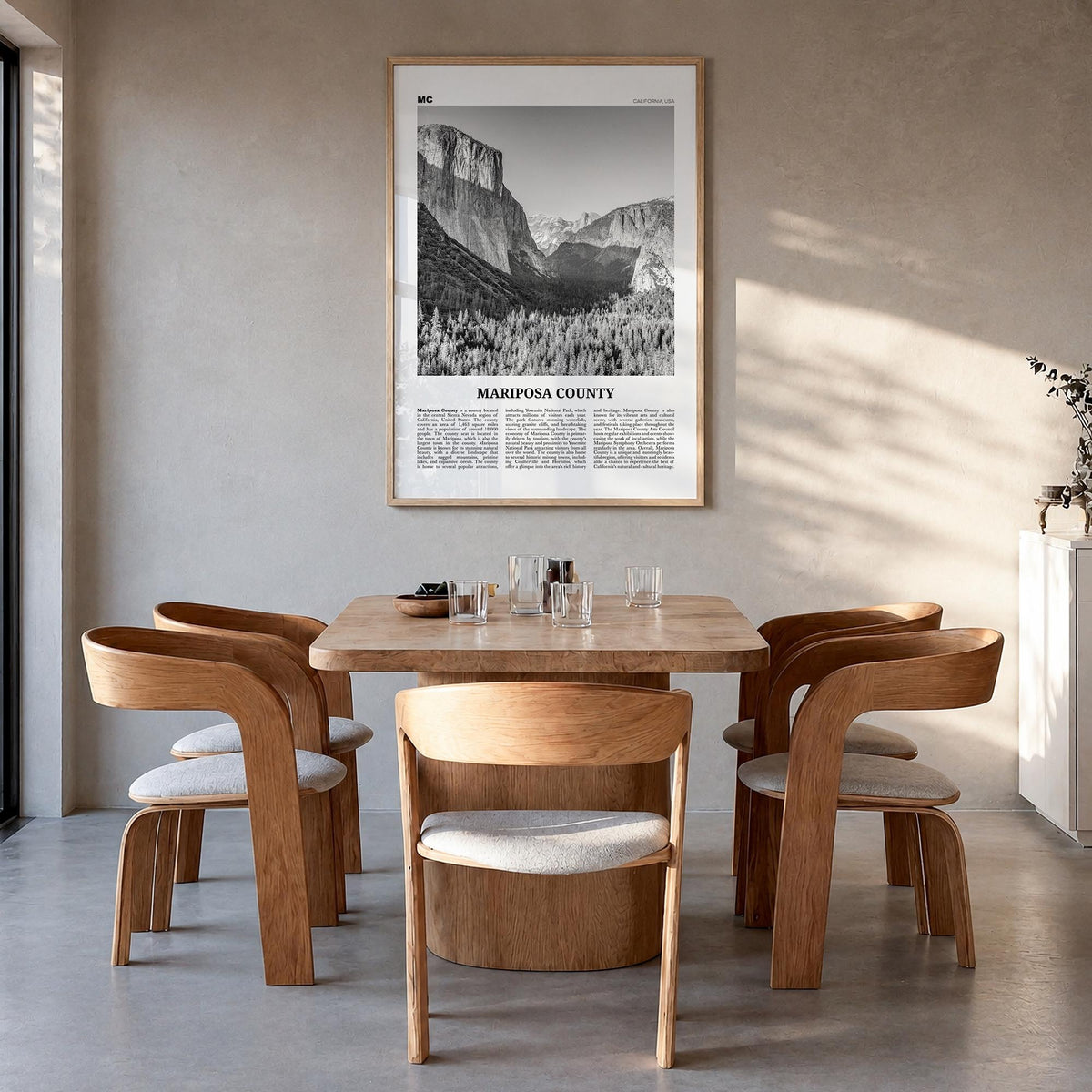 Mariposa County black & white newspaper poster of California, USA – vertical wall art in natural wood frame, hanging on wall