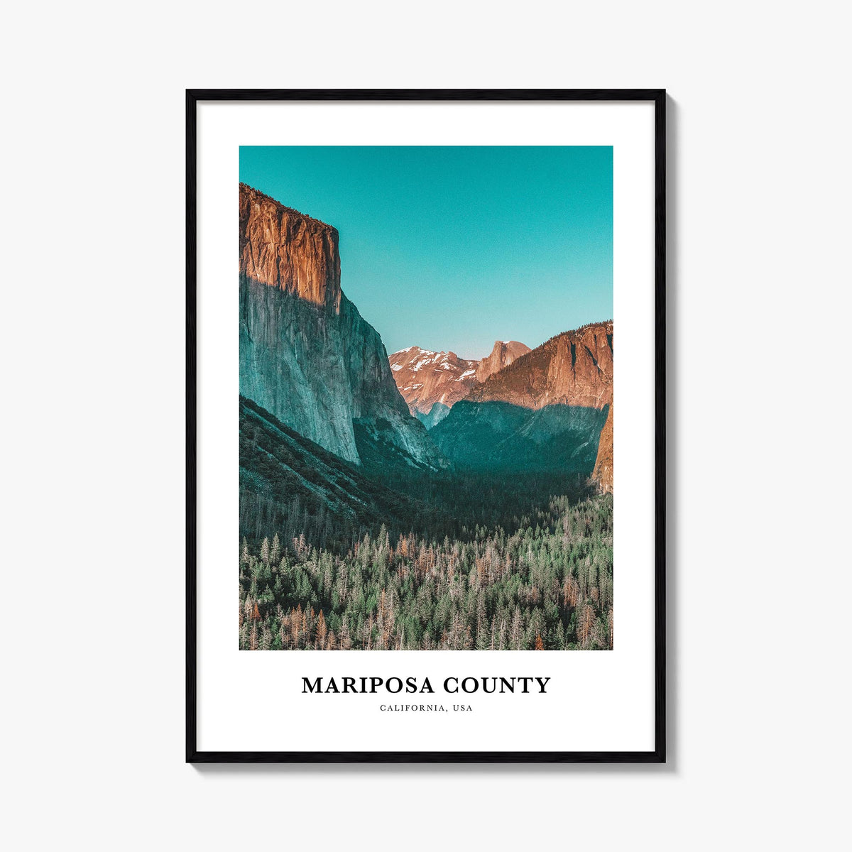 Mariposa County colorful classic poster of California, USA – vertical wall art, unframed print shown in interior mockup