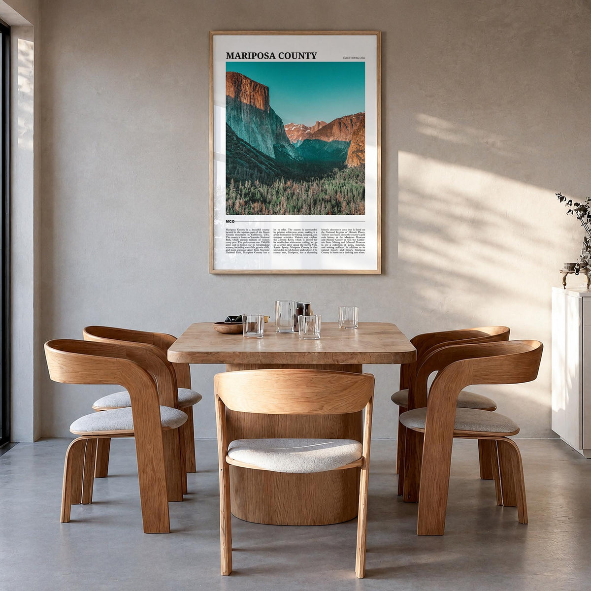 Mariposa County colorful travel poster of California, USA – vertical wall art in natural wood frame, hanging on wall