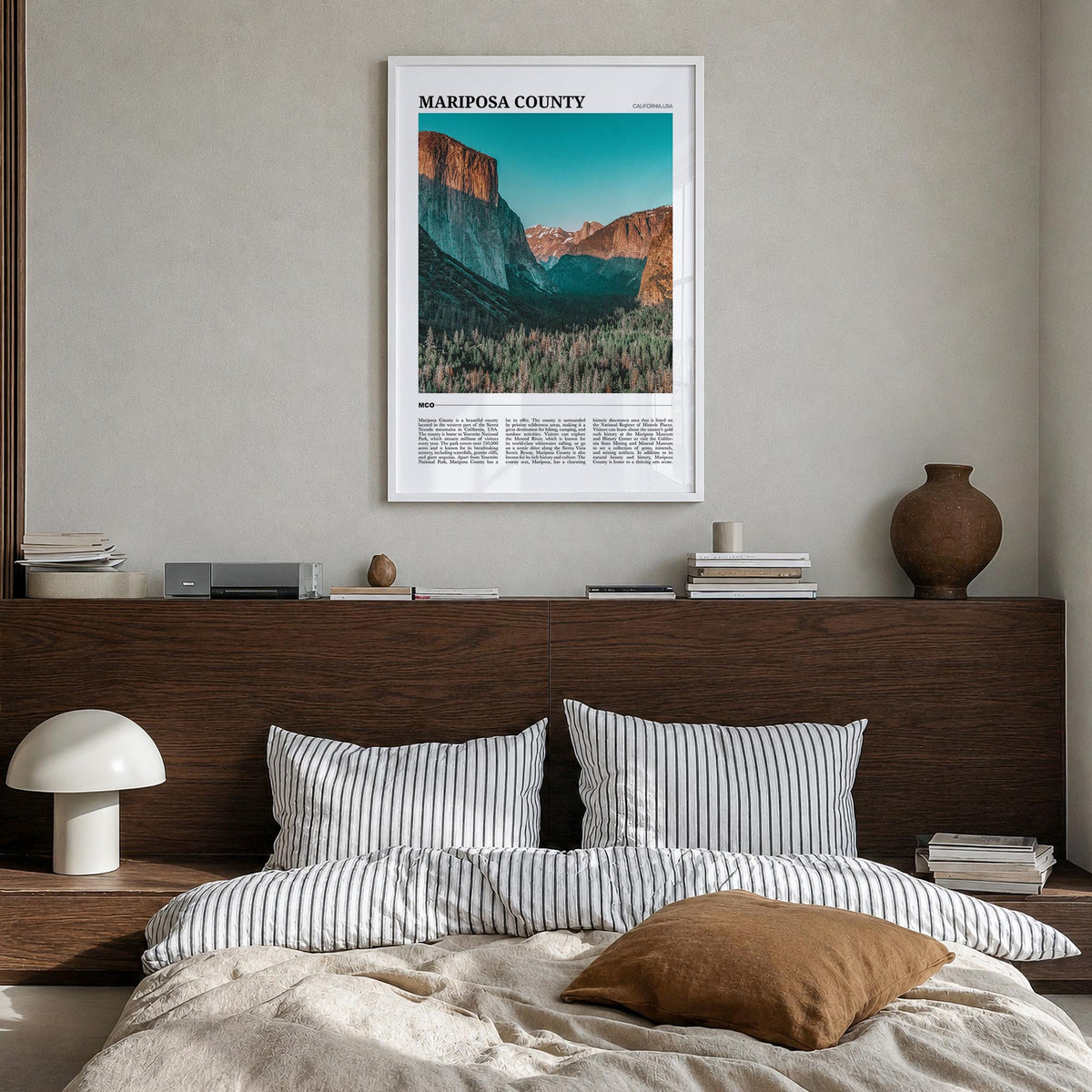 Mariposa County colorful travel poster of California, USA – vertical wall art in white wood frame, hanging on wall
