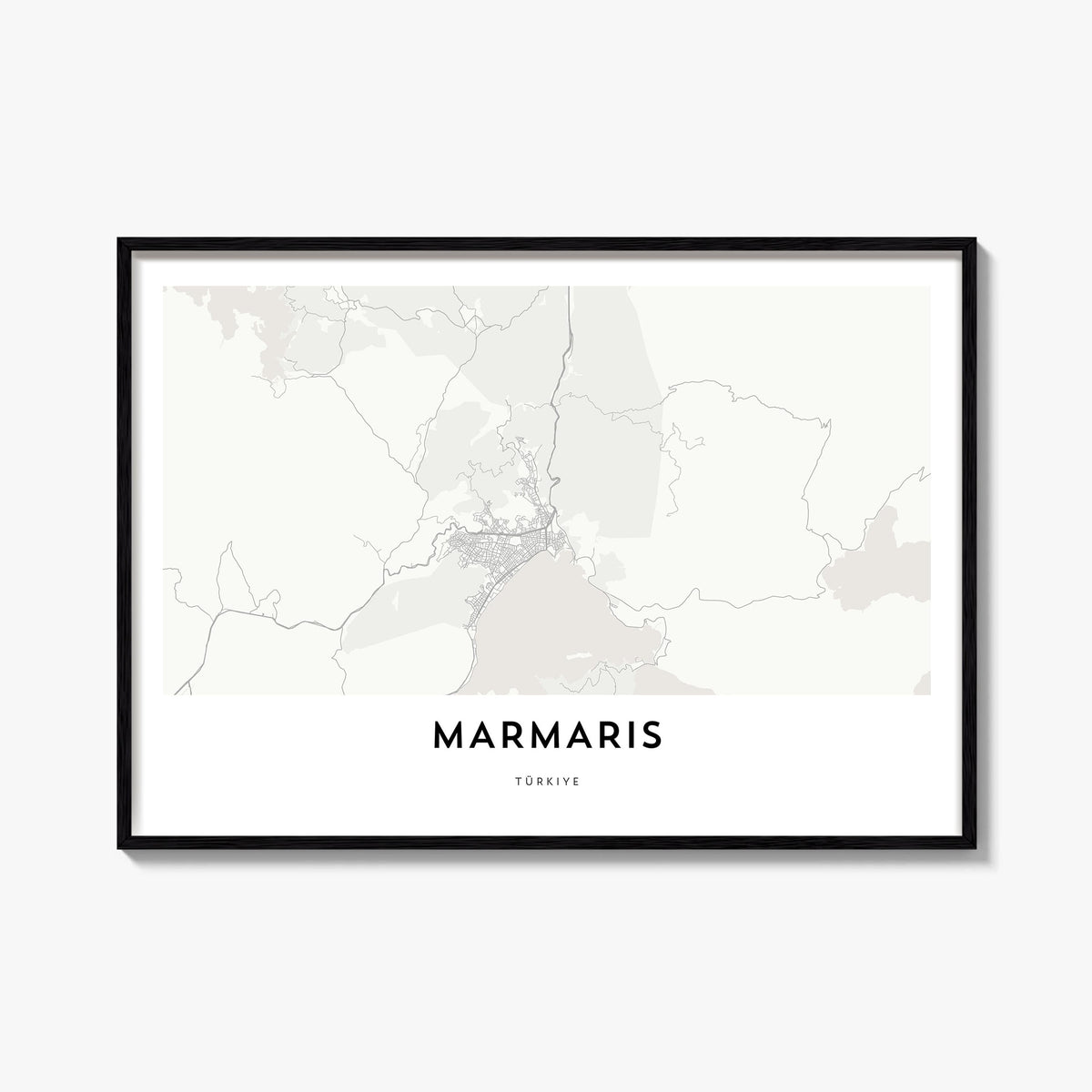 Marmaris black & white map poster of Türkiye – horizontal wall art, unframed print shown in interior mockup