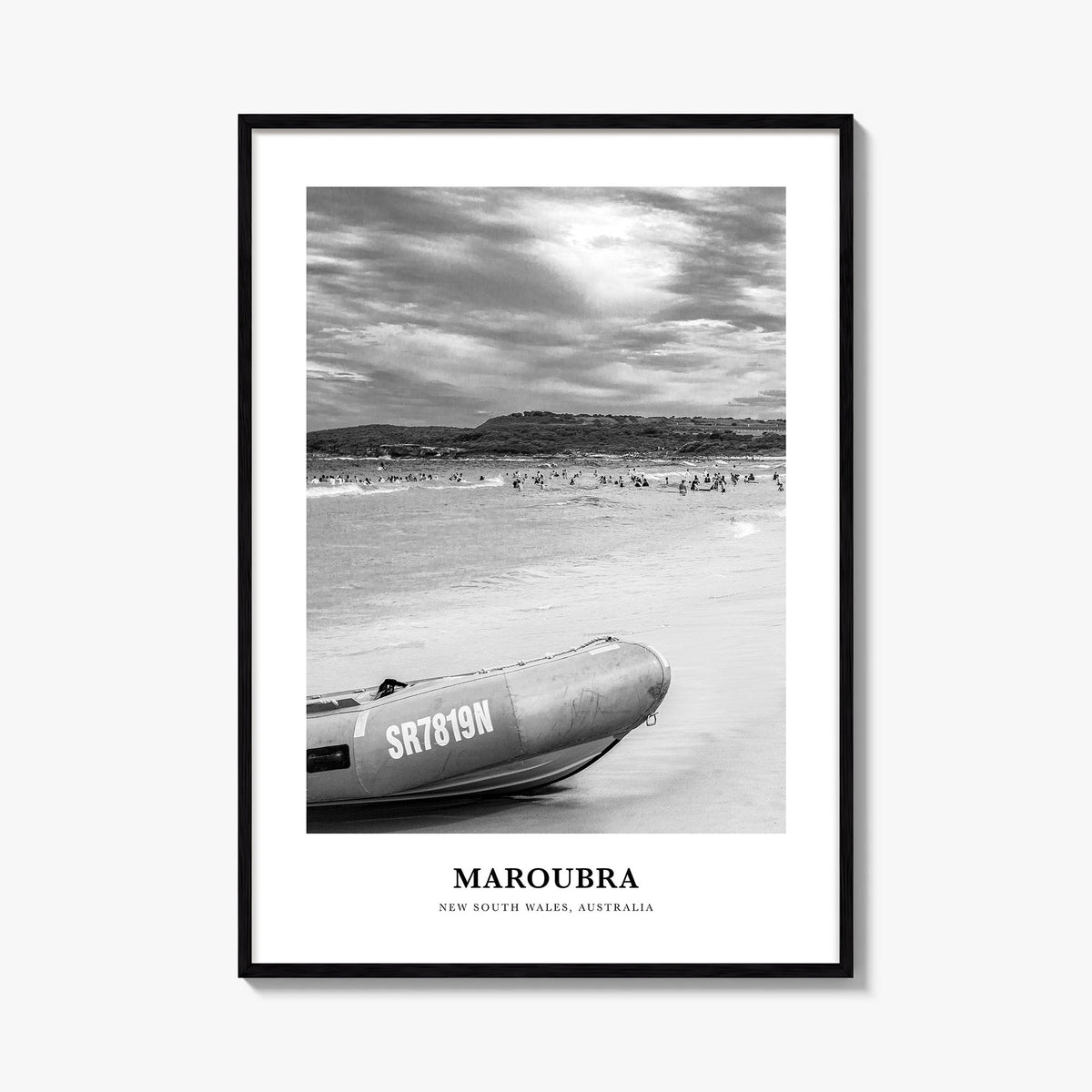 Maroubra black & white classic poster of Australia – vertical wall art, unframed print shown in interior mockup