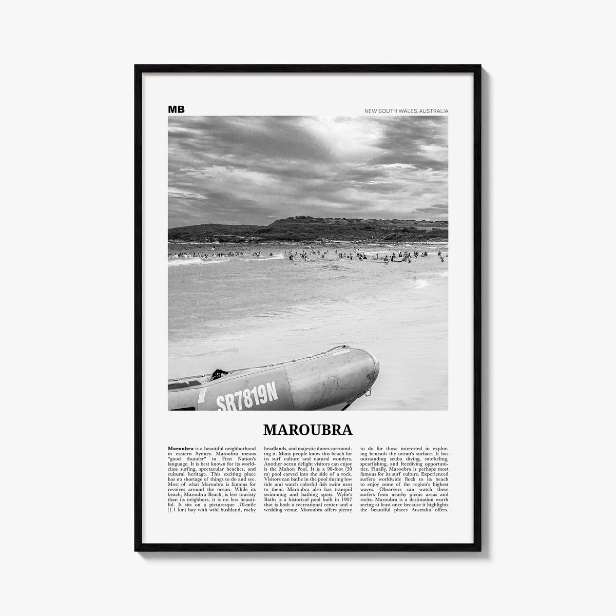 Maroubra black & white newspaper poster of Australia – vertical wall art, unframed print shown in interior mockup
