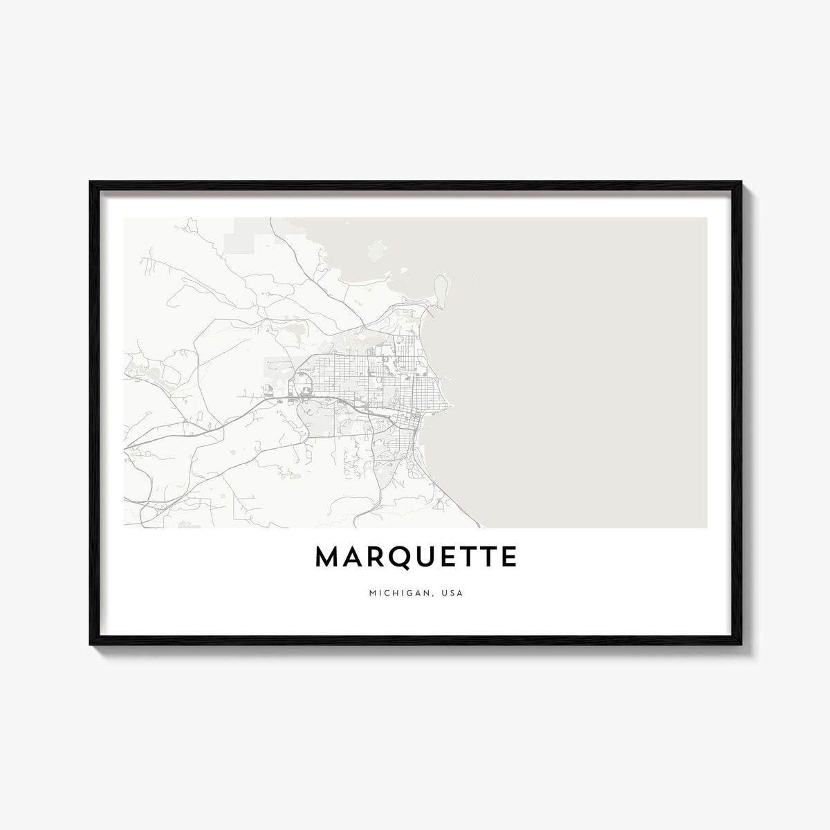 Marquette black & white map poster of Michigan, USA – horizontal wall art, unframed print shown in interior mockup