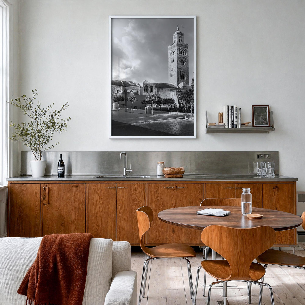 Marrakesh black & white photo poster of Morocco – vertical wall art in white wood frame, hanging on wall