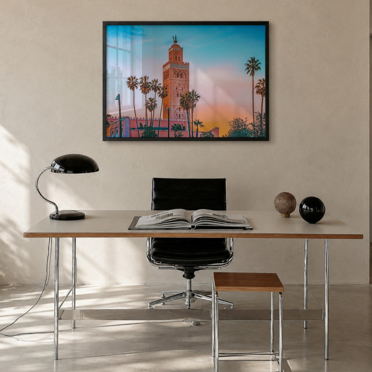 Marrakesh colorful photo poster of Morocco – horizontal wall art in black wood frame, hanging on wall