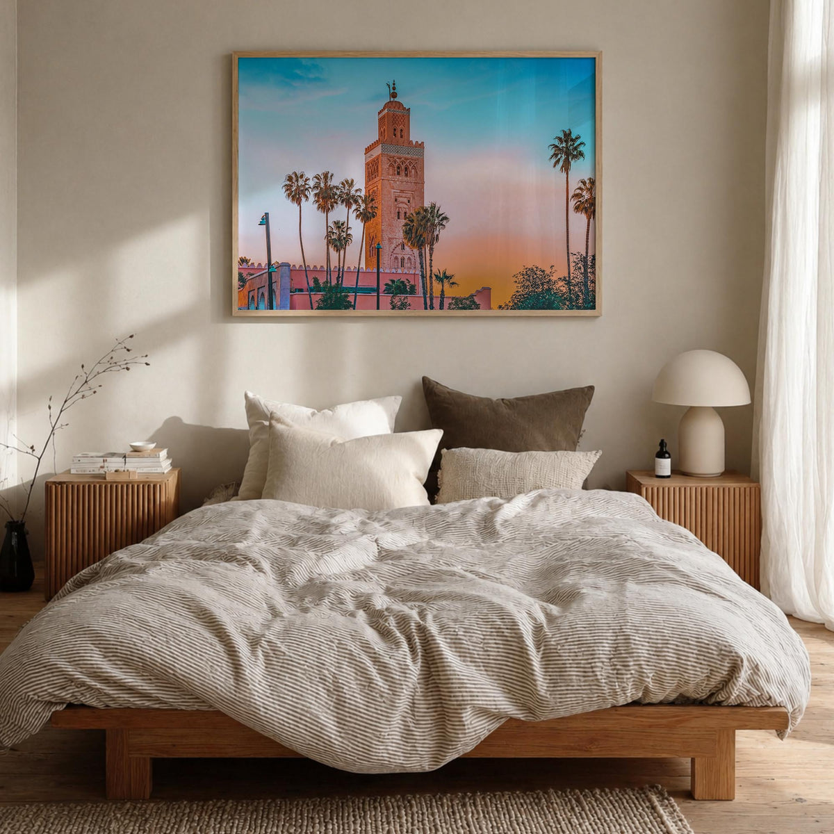 Marrakesh colorful photo poster of Morocco – horizontal wall art in natural wood frame, hanging on wall