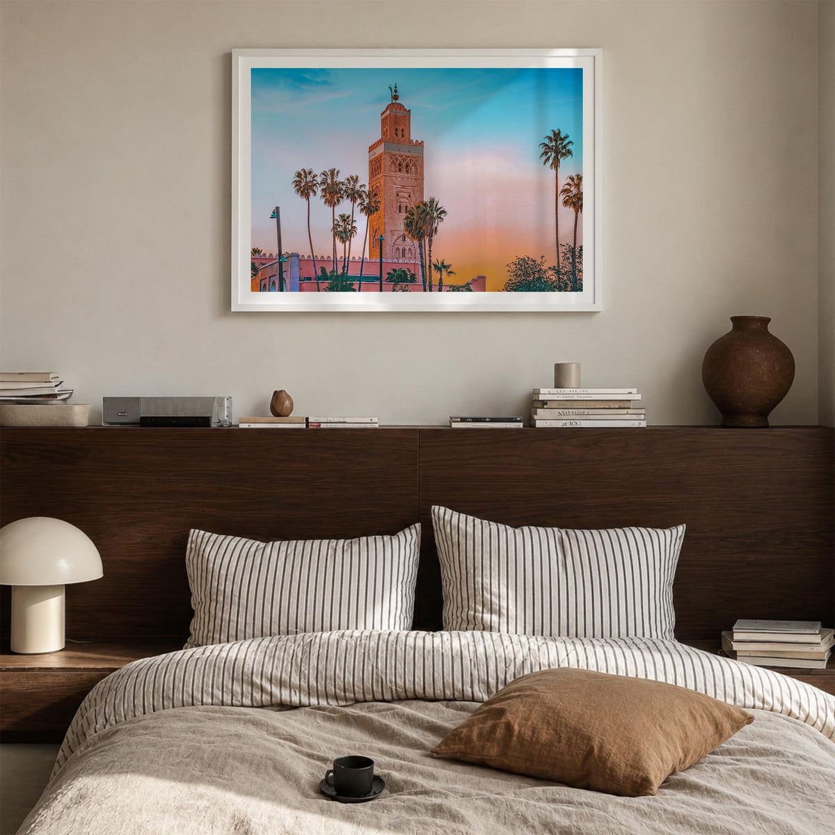 Marrakesh colorful photo poster of Morocco – horizontal wall art in white wood frame with white border, hanging on wall