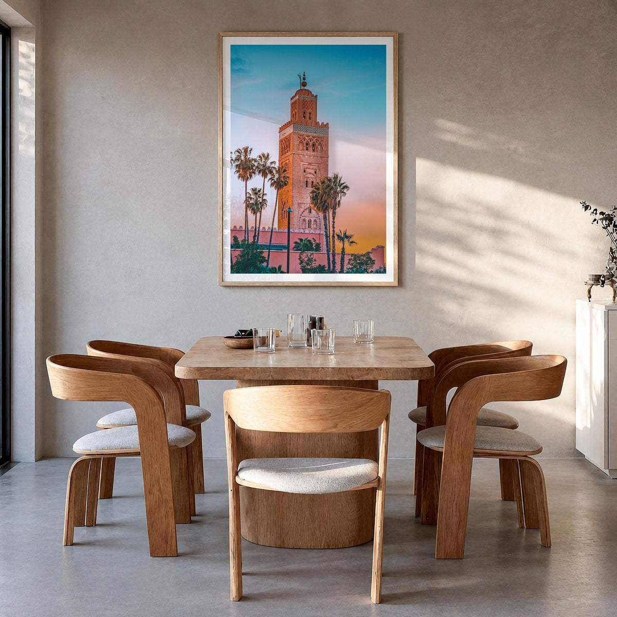 Marrakesh no. 1 colorful photo poster of Morocco – vertical wall art in natural wood frame with white border, hanging on wall