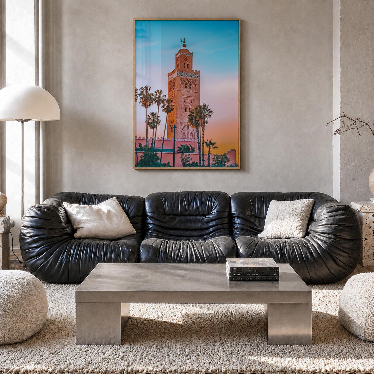Marrakesh no. 1 colorful photo poster of Morocco – vertical wall art in natural wood frame, hanging on wall