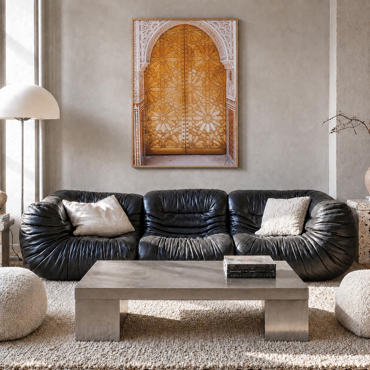 Marrakesh no. 2 colorful photo poster of Morocco – vertical wall art in natural wood frame, hanging on wall