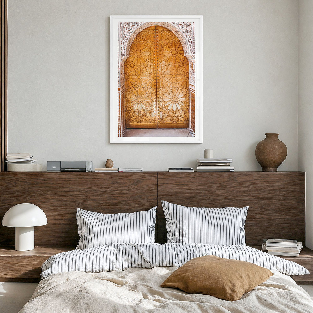 Marrakesh Photo No 2 Poster in a white wood frame, hanging in a bedroom, white border