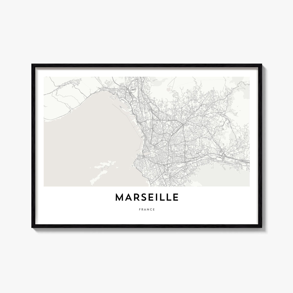 Marseille black & white map poster of France – horizontal wall art, unframed print shown in interior mockup