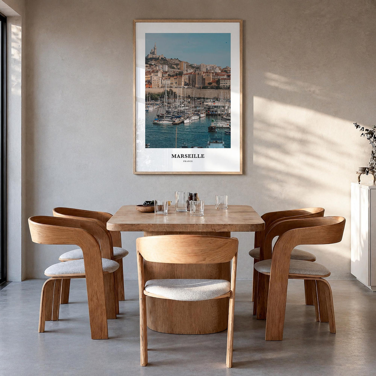 Marseille colorful classic poster of France – vertical wall art in natural wood frame, hanging on wall