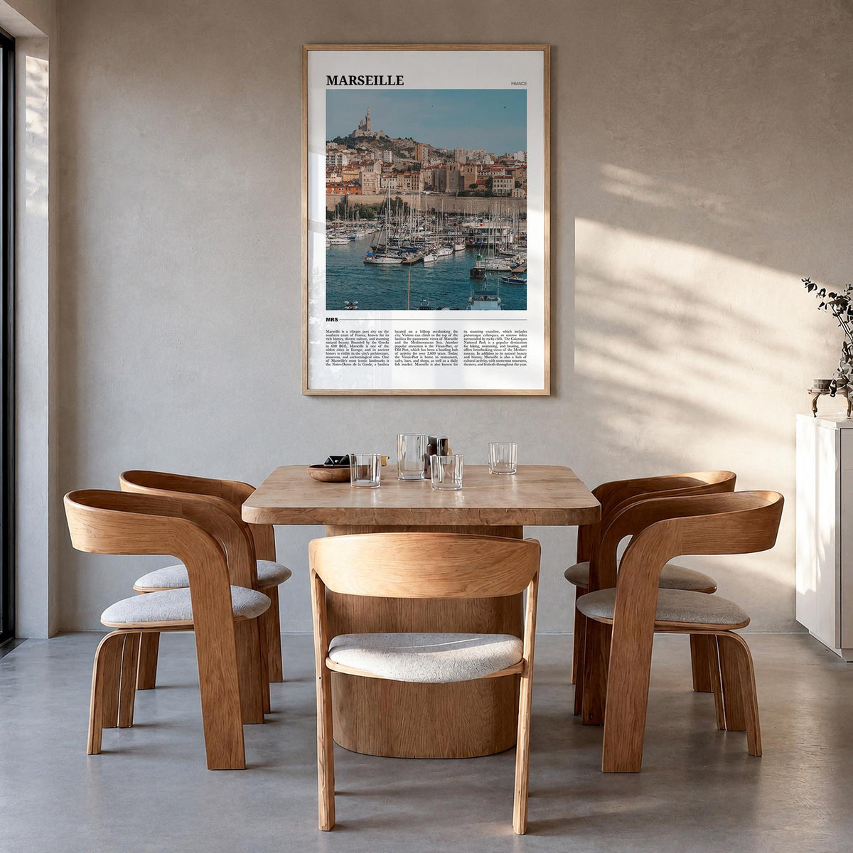 Marseille colorful travel poster of France – vertical wall art in natural wood frame, hanging on wall