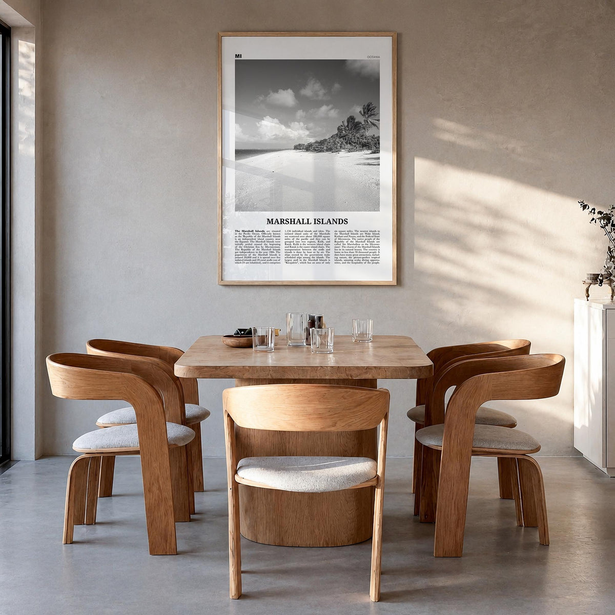 Marshall Islands black & white newspaper poster of Oceania – vertical wall art in natural wood frame, hanging on wall