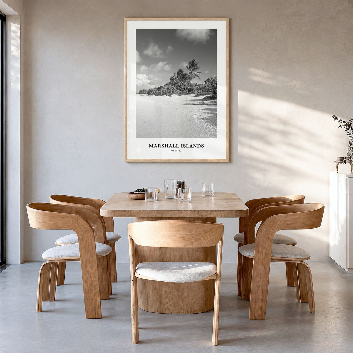 Marshall Islands Classic Poster in a natural wood frame, hanging in a dining room