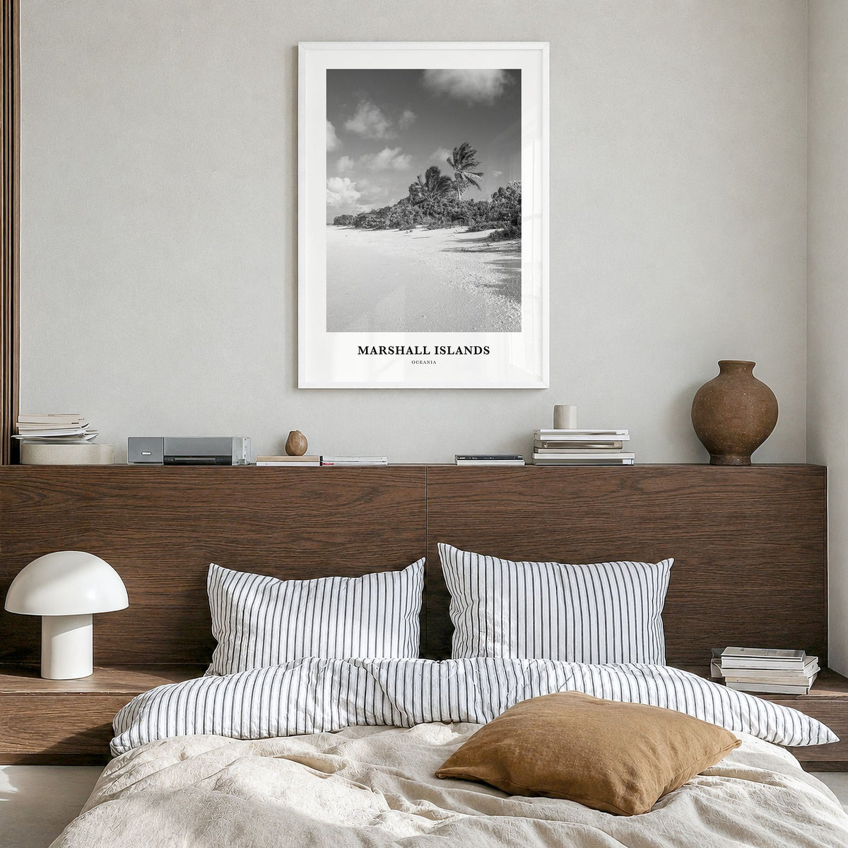 Marshall Islands Classic Poster in a white wood frame, hanging in a bedroom