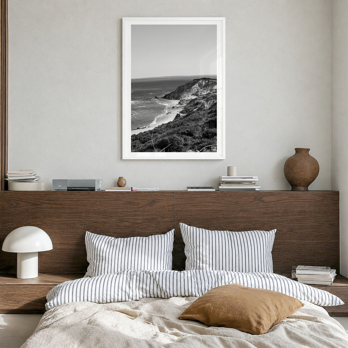 Martha's Vineyard Photo Poster in a white wood frame, hanging in a bedroom, white border