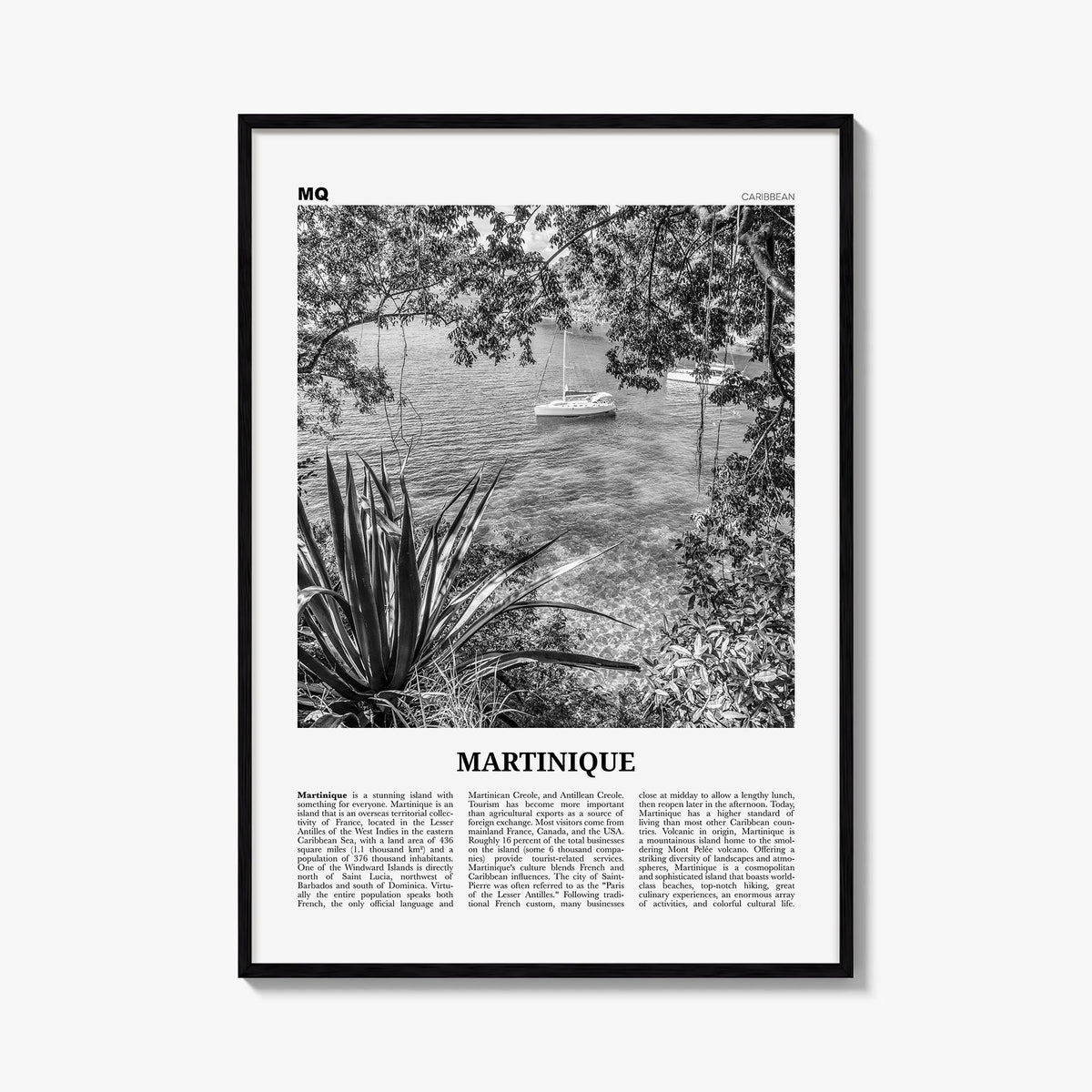 Martinique black & white newspaper poster of Caribbean – vertical wall art, unframed print shown in interior mockup