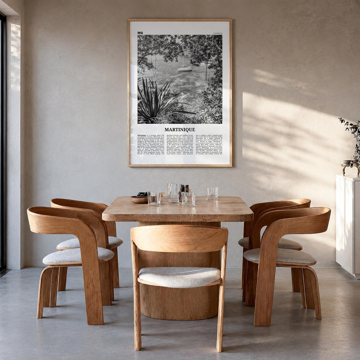 Martinique black & white newspaper poster of Caribbean – vertical wall art in natural wood frame, hanging on wall