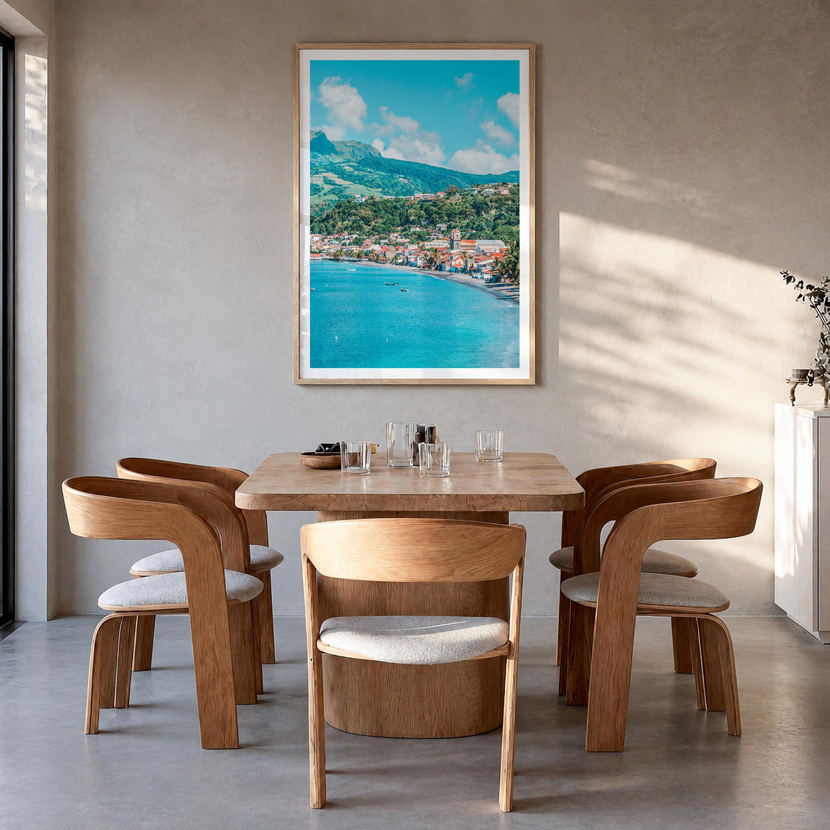 Martinique colorful photo poster of Caribbean – vertical wall art in natural wood frame with white border, hanging on wall