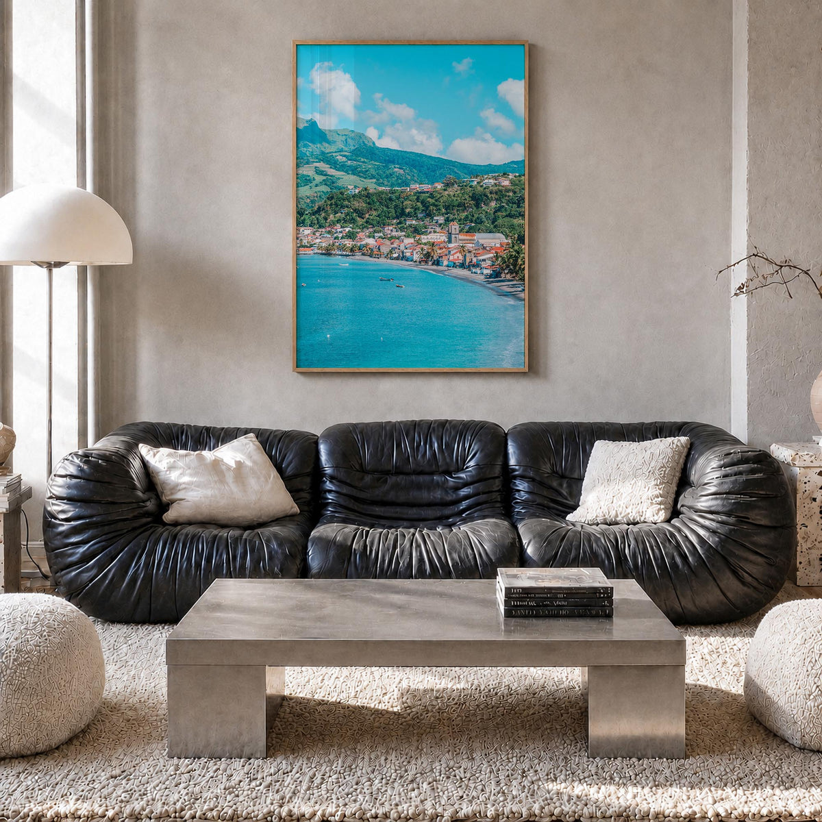 Martinique colorful photo poster of Caribbean – vertical wall art in natural wood frame, hanging on wall
