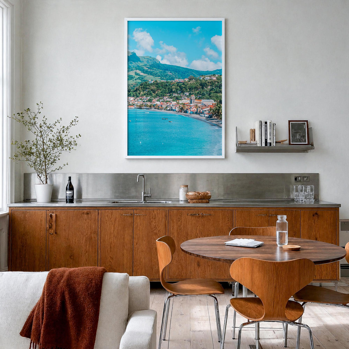 Martinique colorful photo poster of Caribbean – vertical wall art in white wood frame, hanging on wall