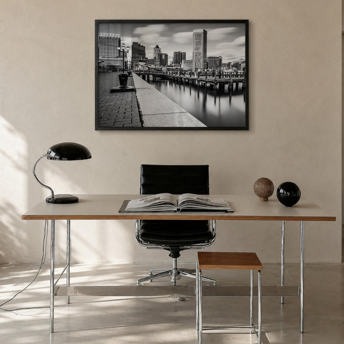 Maryland black & white photo poster of United States – horizontal wall art in black wood frame, hanging on wall