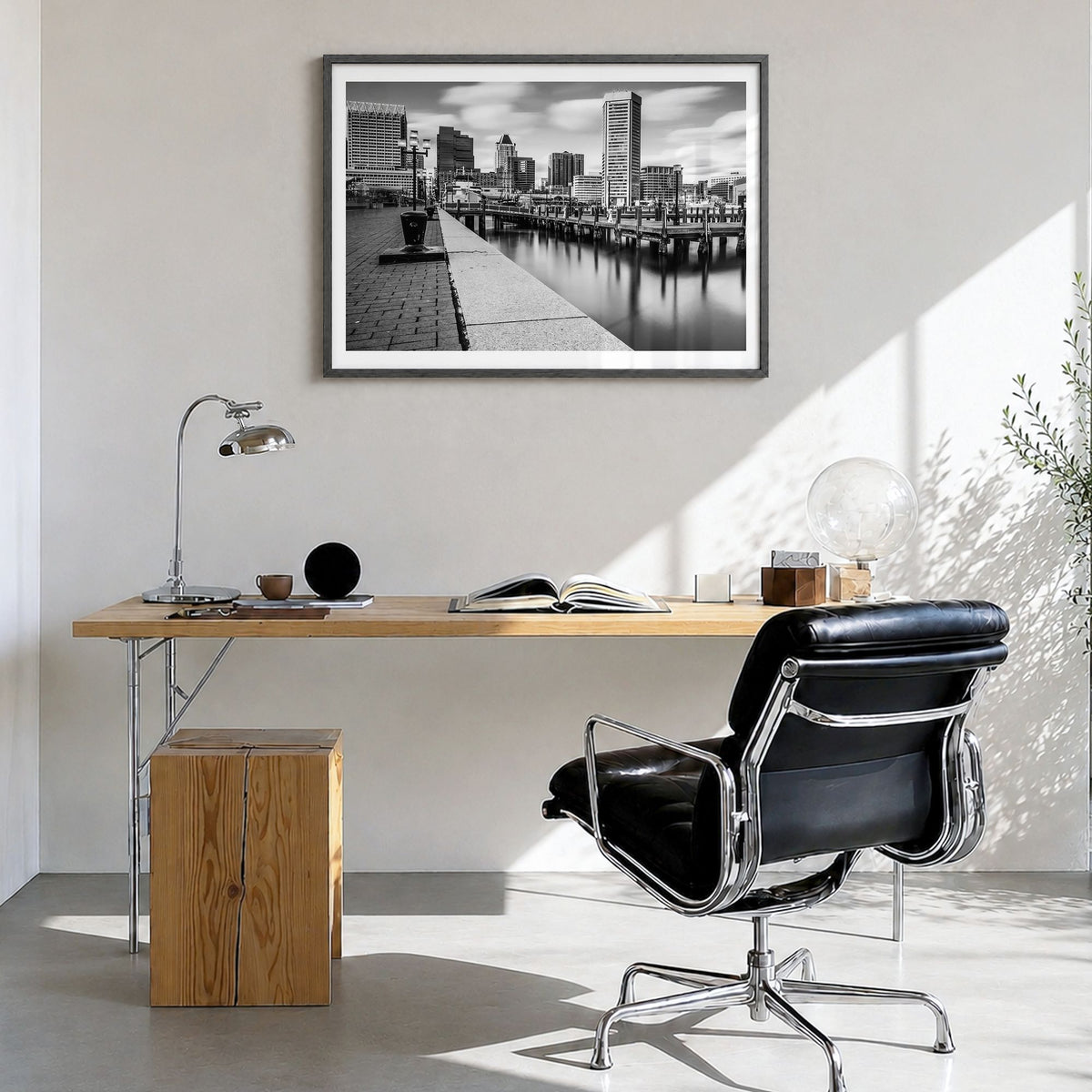Maryland Photo Poster in a black wood frame, hanging in a bright home office, white border
