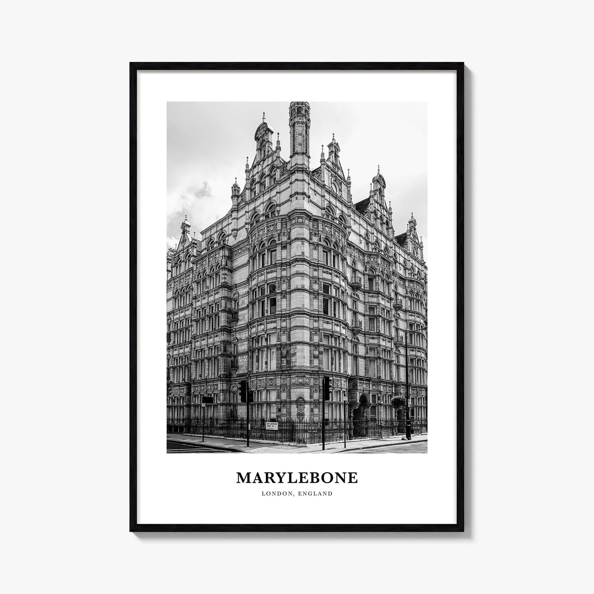 Marylebone black & white classic poster of United Kingdom – vertical wall art, unframed print shown in interior mockup