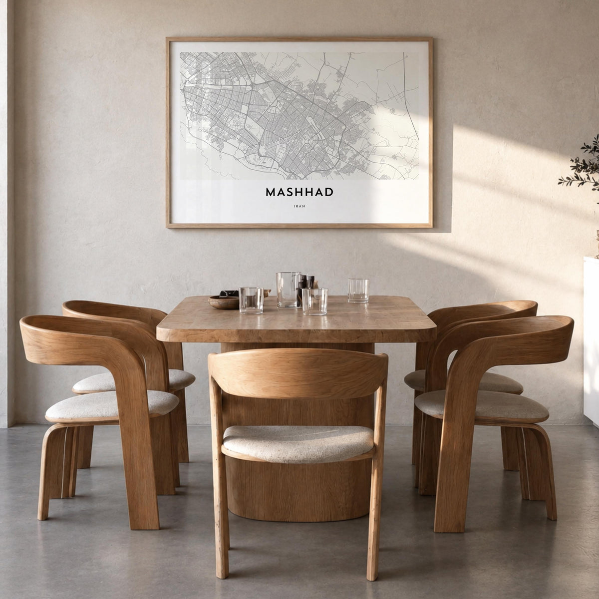 Mashhad black & white map poster of Iran – horizontal wall art in natural wood frame, hanging on wall