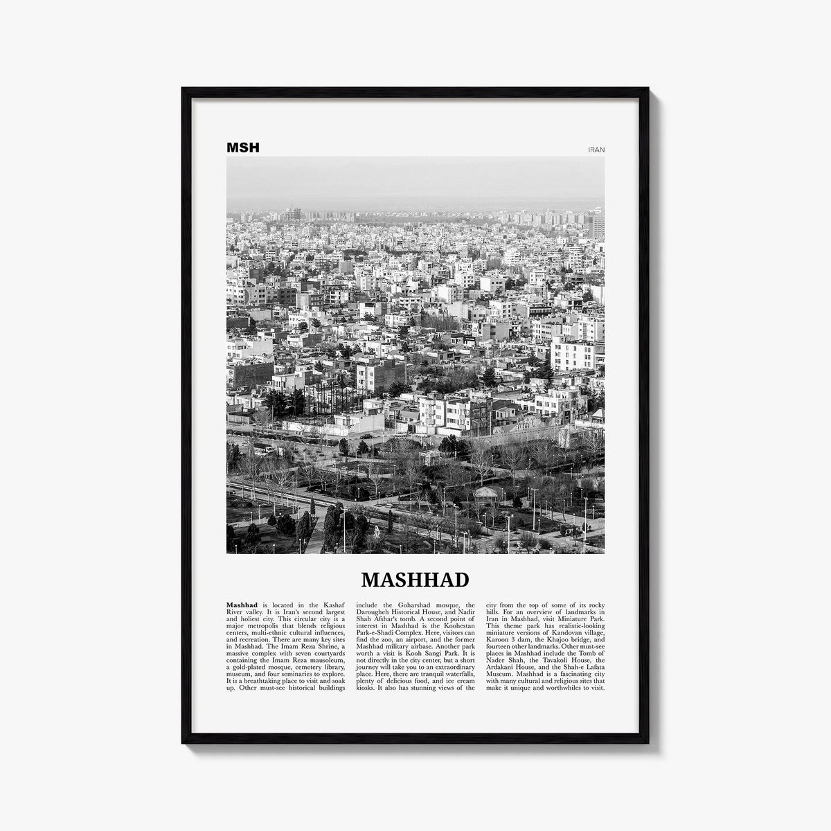 Mashhad black & white newspaper poster of Iran – vertical wall art, unframed print shown in interior mockup
