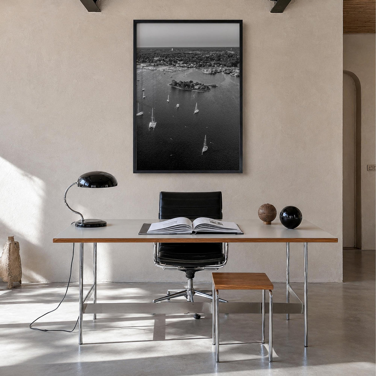 Massachusetts black & white photo poster of United States – vertical wall art in black wood frame, hanging on wall