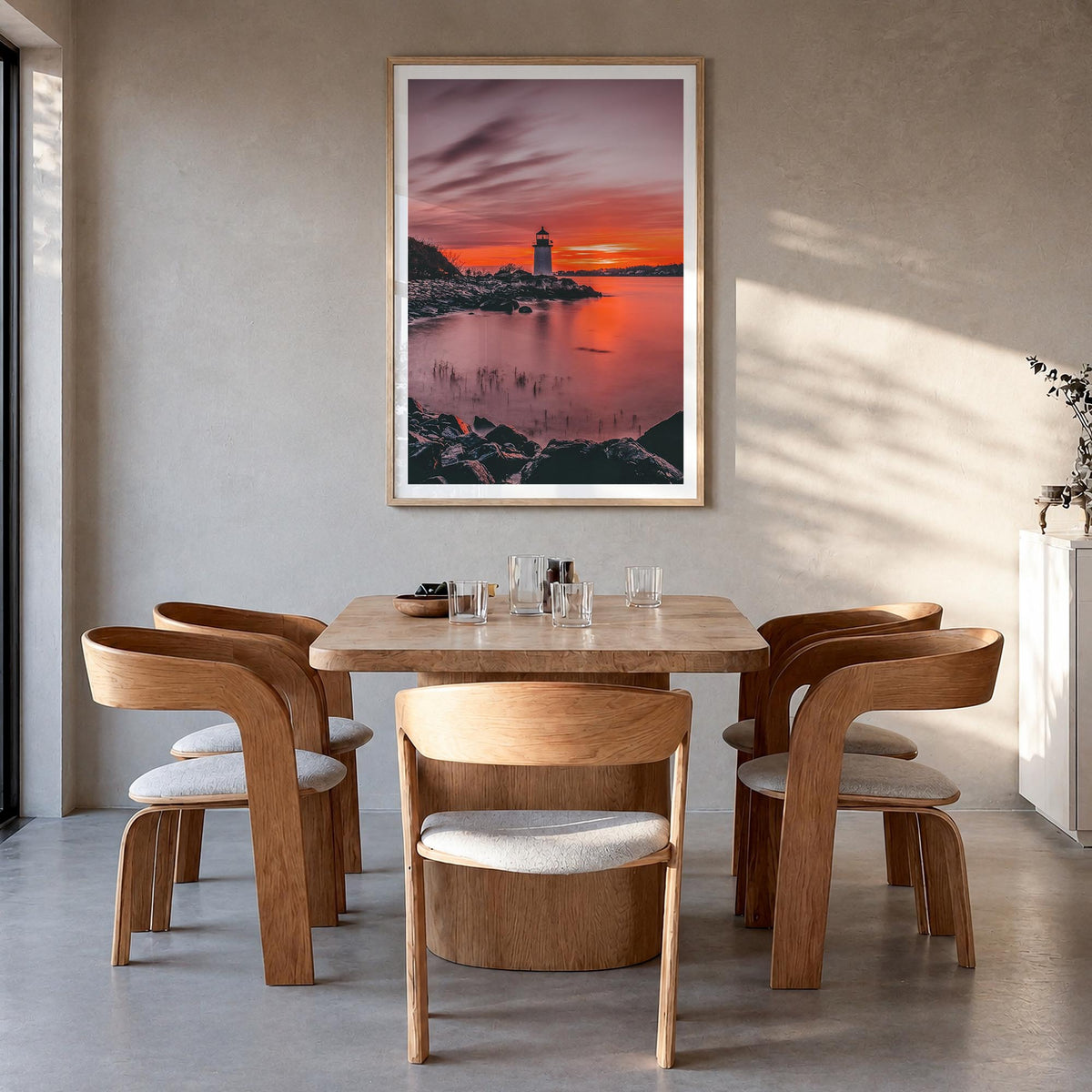 Massachusetts colorful photo poster of United States – vertical wall art in natural wood frame with white border, hanging on