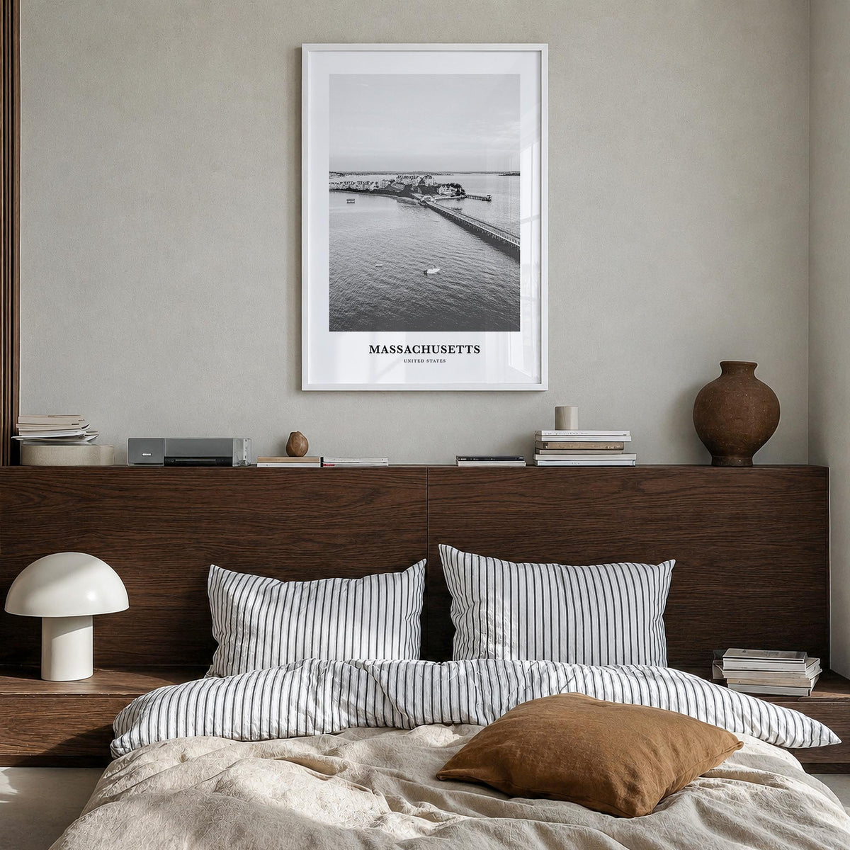 Massachusetts no. 2 black & white classic poster of United States – vertical wall art in white wood frame, hanging on wall