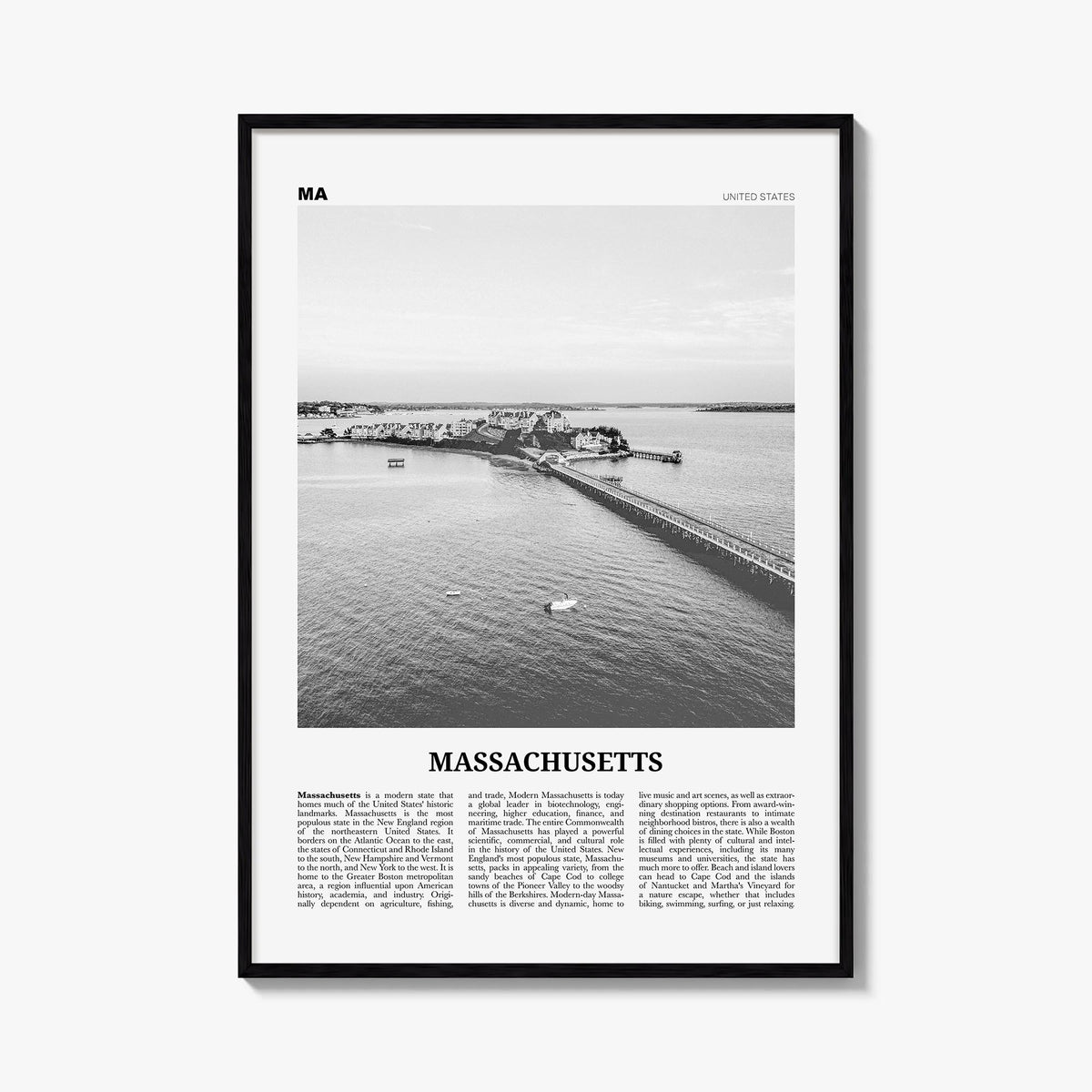 Massachusetts no. 2 black & white newspaper poster of United States – vertical wall art, unframed print shown in interior moc