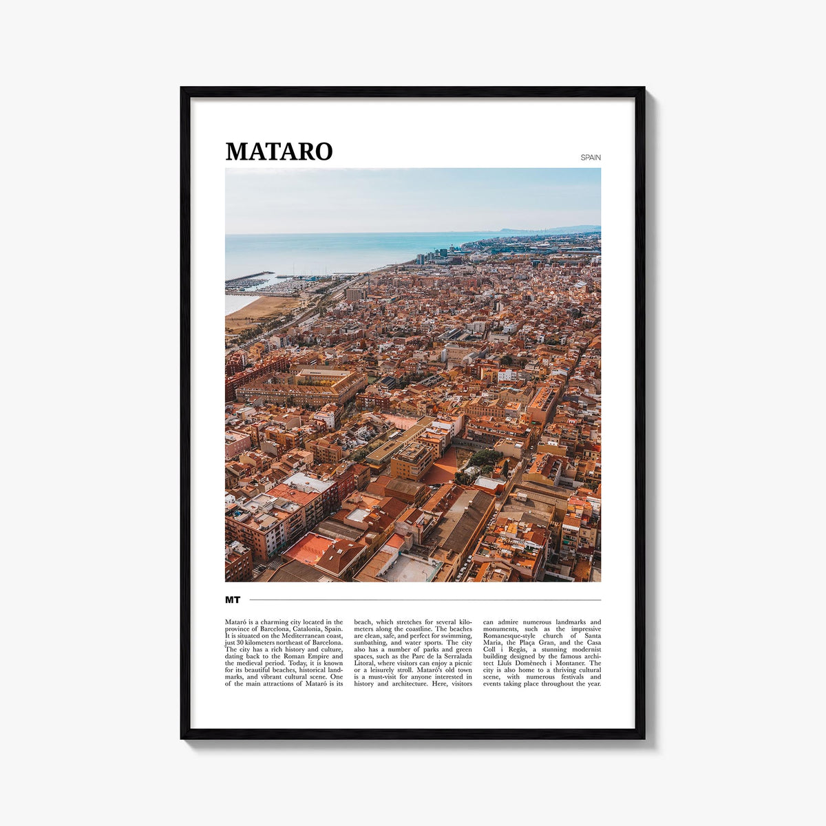 Mataró colorful travel poster of Spain – vertical wall art, unframed print shown in interior mockup