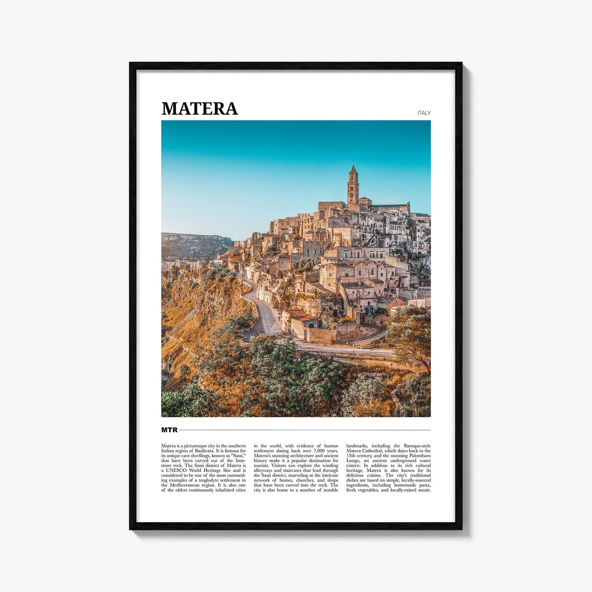 Matera colorful travel poster of Italy – vertical wall art, unframed print shown in interior mockup