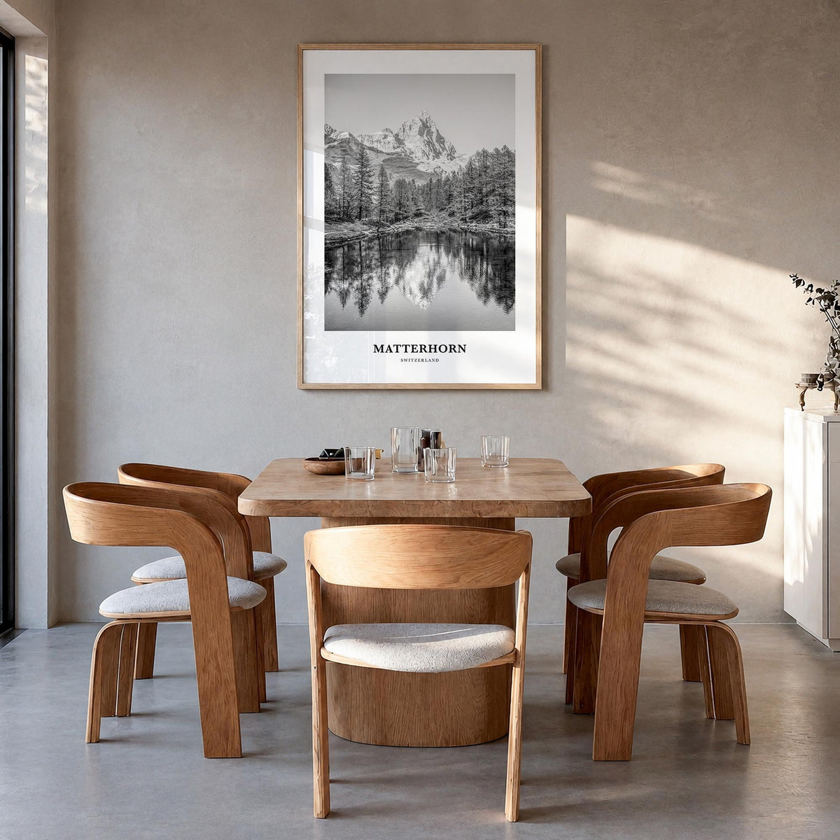 Matterhorn black & white classic poster of Switzerland & Italy – vertical wall art in natural wood frame, hanging on wall