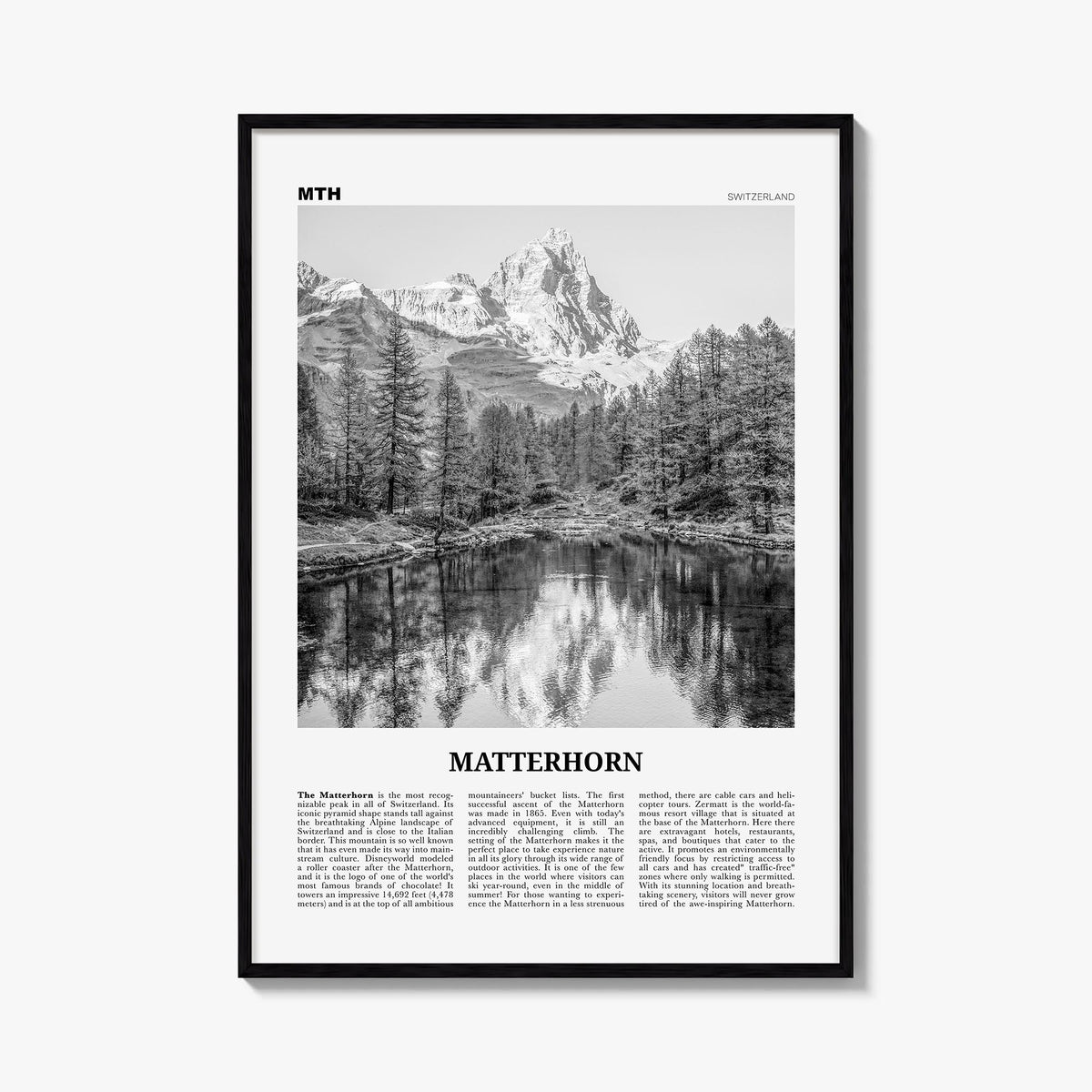 Matterhorn black & white newspaper poster of Switzerland & Italy – vertical wall art, unframed print shown in interior mockup