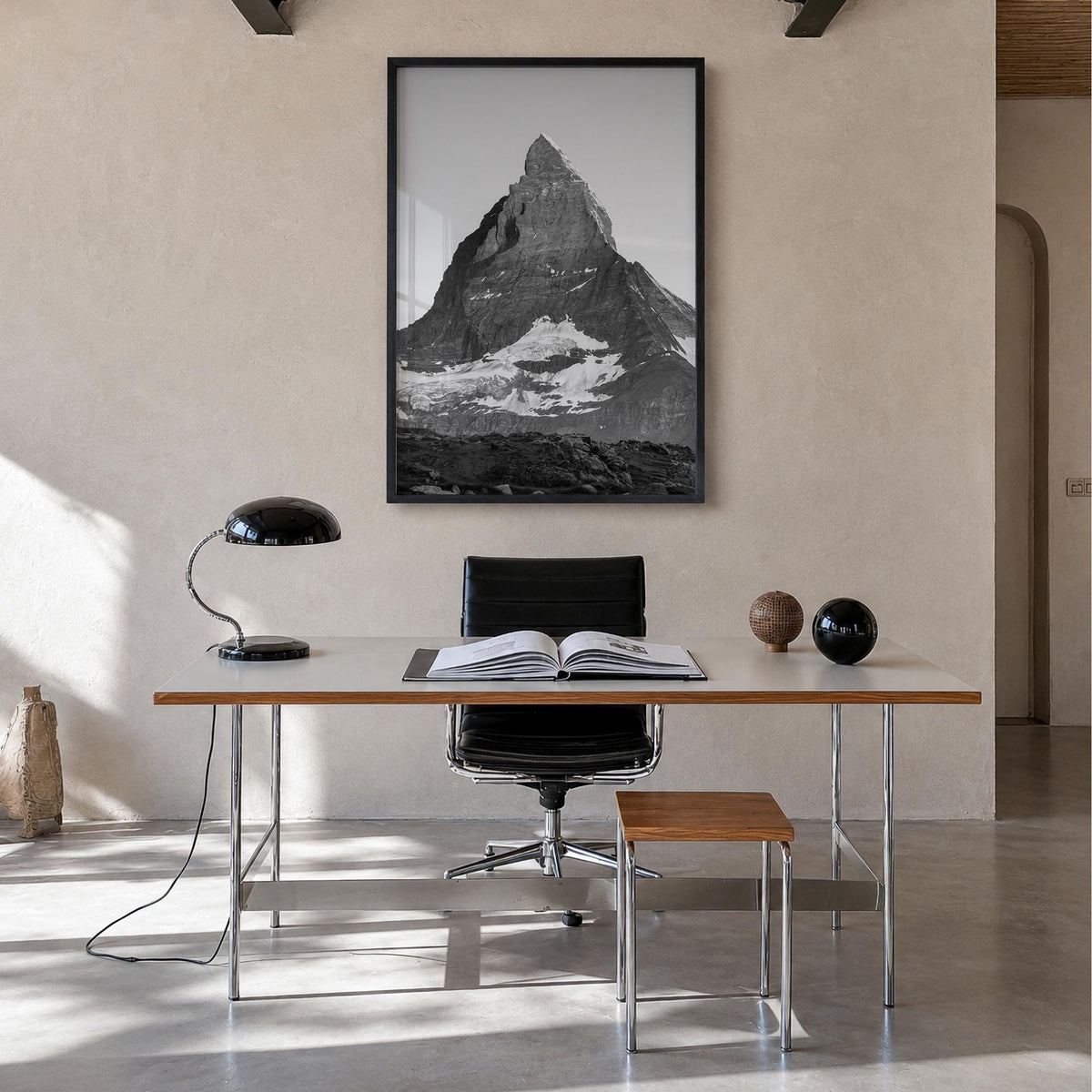 Matterhorn black & white photo poster of Switzerland & Italy – vertical wall art in black wood frame, hanging on wall