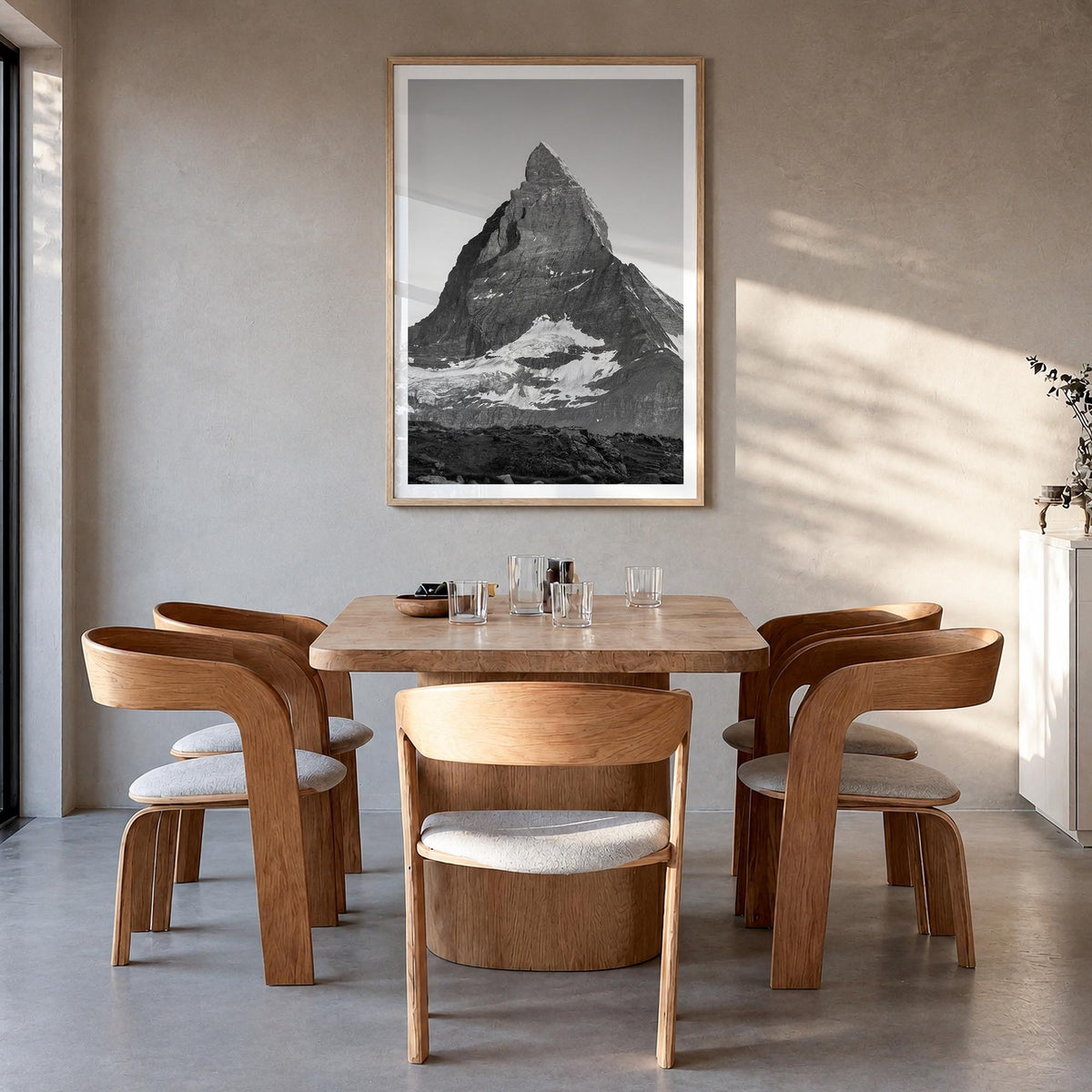 Matterhorn black & white photo poster of Switzerland & Italy – vertical wall art in natural wood frame with white border, han