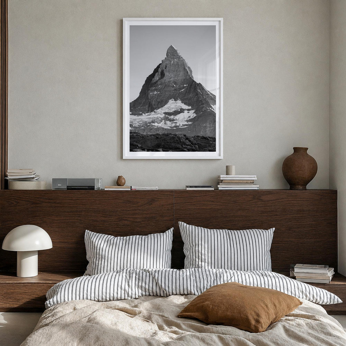 Matterhorn black & white photo poster of Switzerland & Italy – vertical wall art in white wood frame with white border, hangi