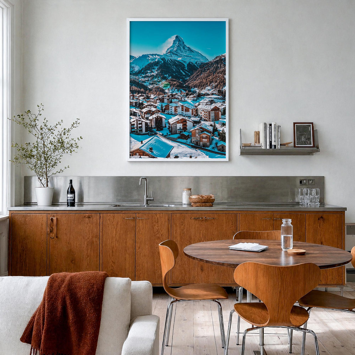 Matterhorn colorful photo poster of Switzerland & Italy – vertical wall art in white wood frame, hanging on wall