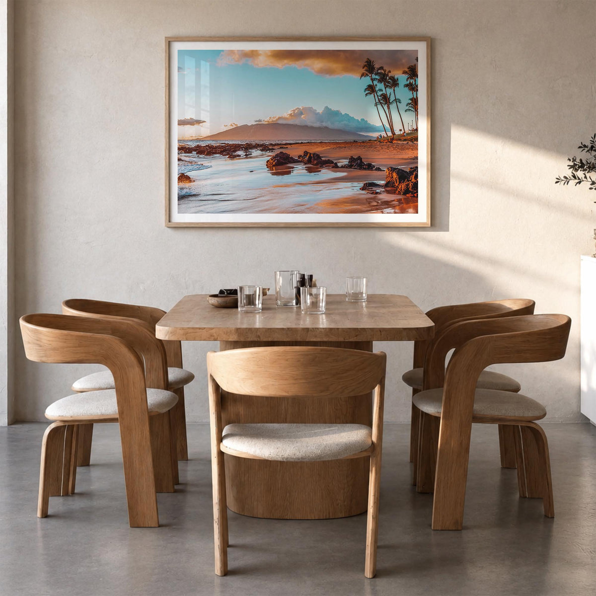 Maui colorful photo poster of Hawaii, USA – horizontal wall art in natural wood frame with white border, hanging on wall