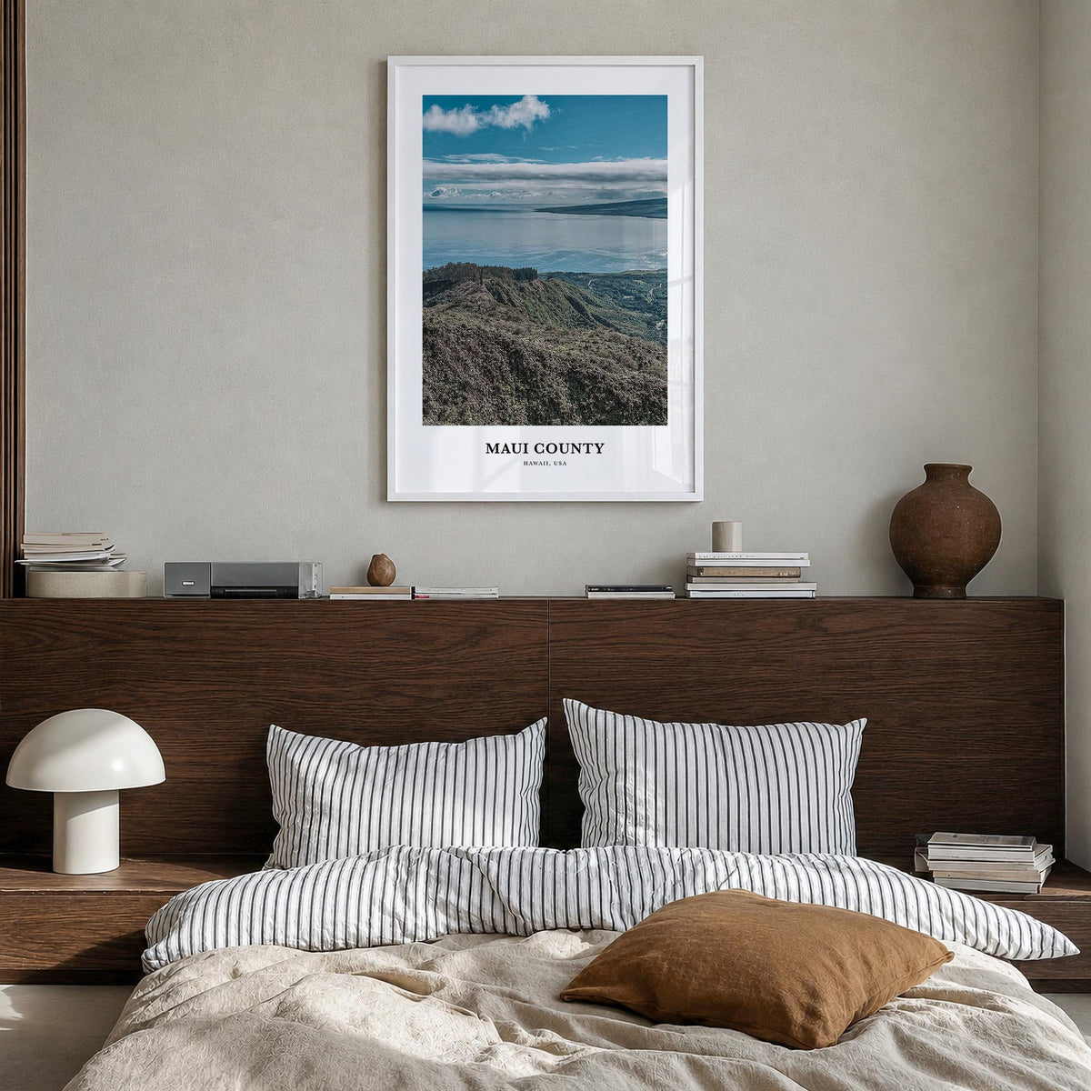 Maui County colorful classic poster of Hawaii, USA – vertical wall art in white wood frame, hanging on wall