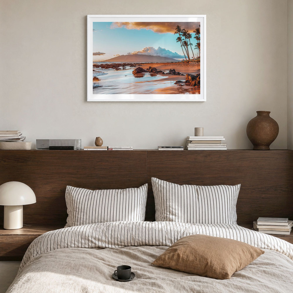 Maui Photo Poster in a white wood frame, hanging in a bedroom, white border