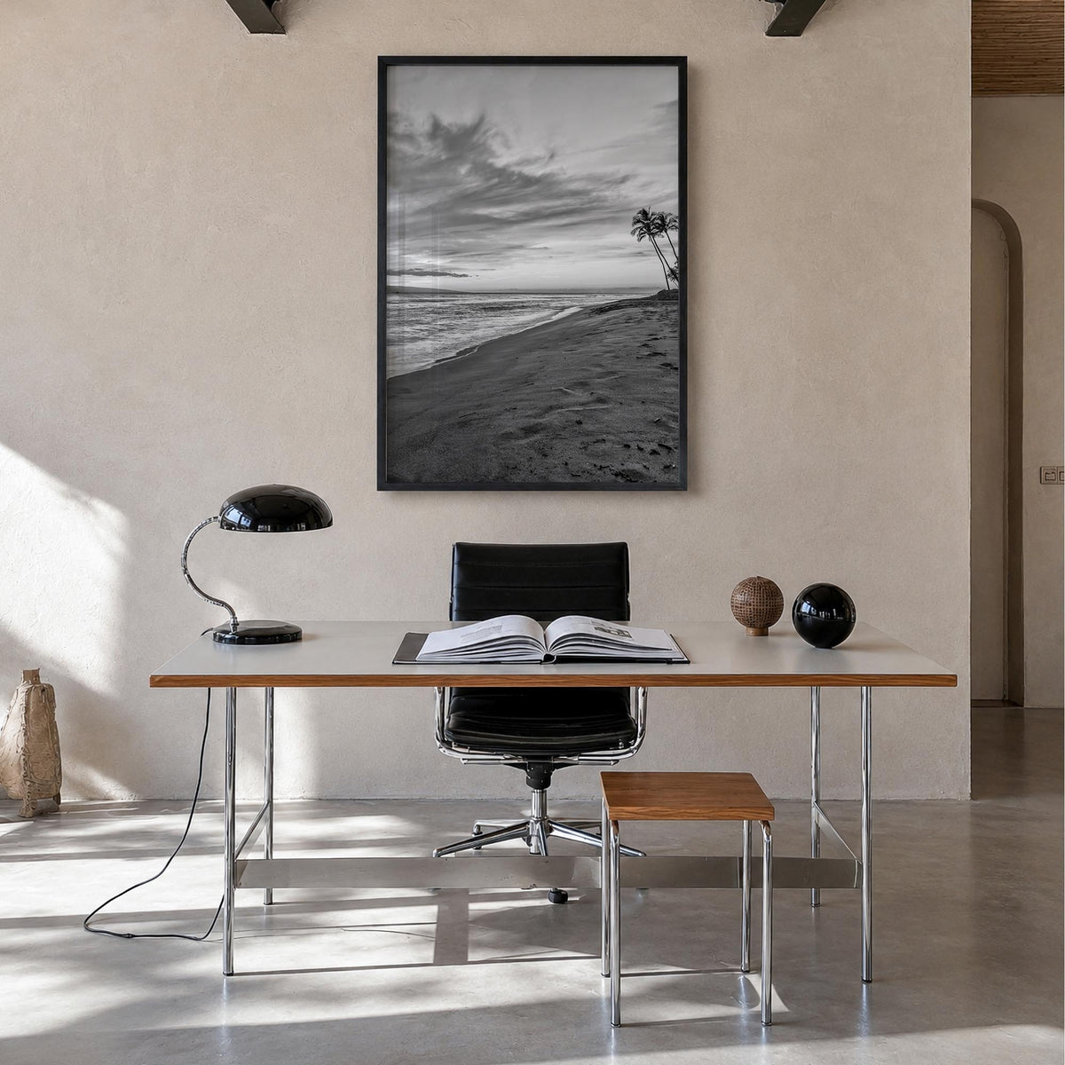 Maui no. 1 black & white photo poster of Hawaii, USA – vertical wall art in black wood frame, hanging on wall