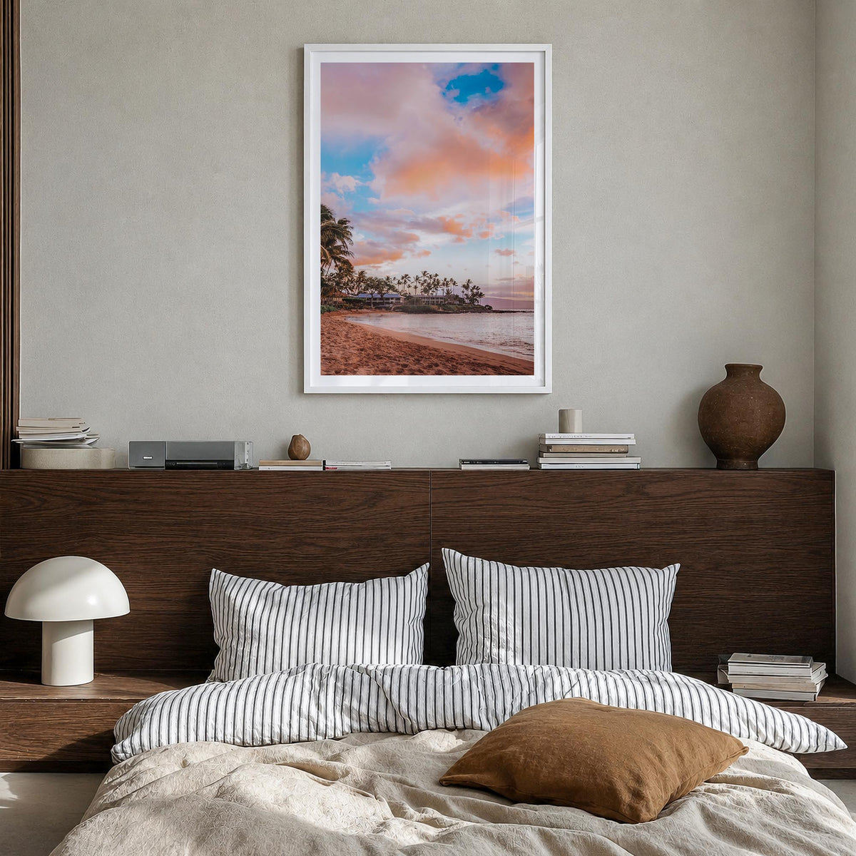 Maui no. 1 colorful photo poster of Hawaii, USA – vertical wall art in white wood frame with white border, hanging on wall